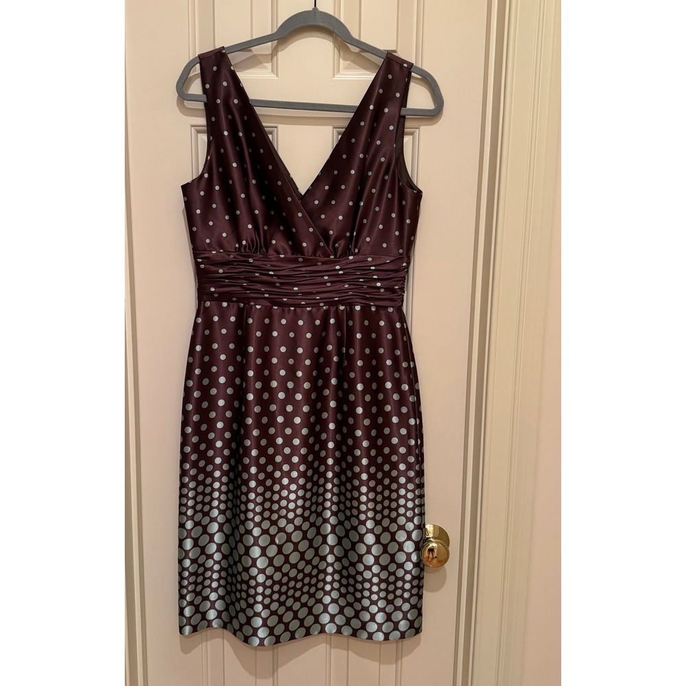 Jessica Howard Polka Dot Dress Women 10 Brown Blue Ombre V-Neck Ruched Cocktail